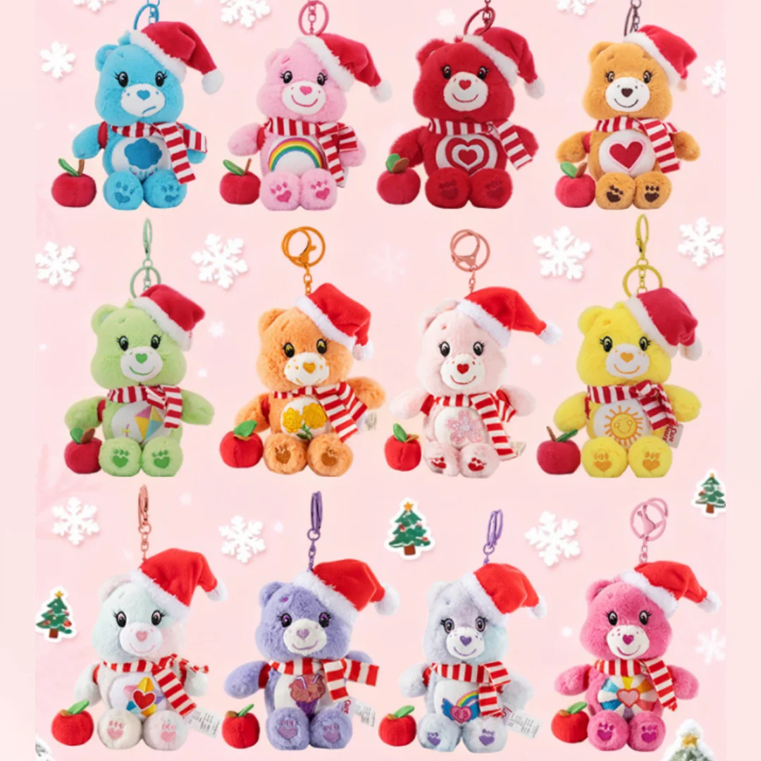 Care Bears Christmas Plush Keychain with Squeak Sound,15cm Santa Hat Bear Pendant,Soft Stuffed Doll Ornament,Xmas Holiday Gift