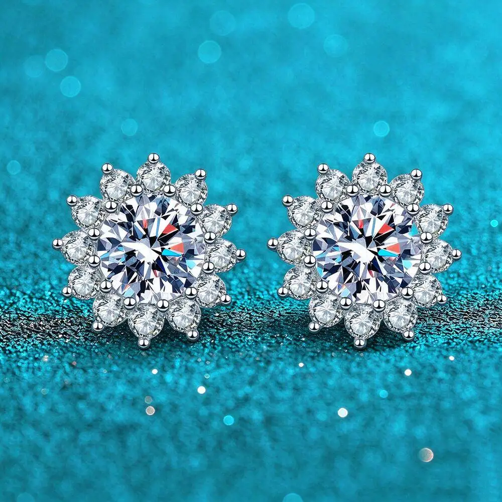 GICA GEMA 1 carat D Color Moissanite Earrings S925 Sterling Silver Jewelry For Women Sunflower Shaped Wedding Party Ear-studs