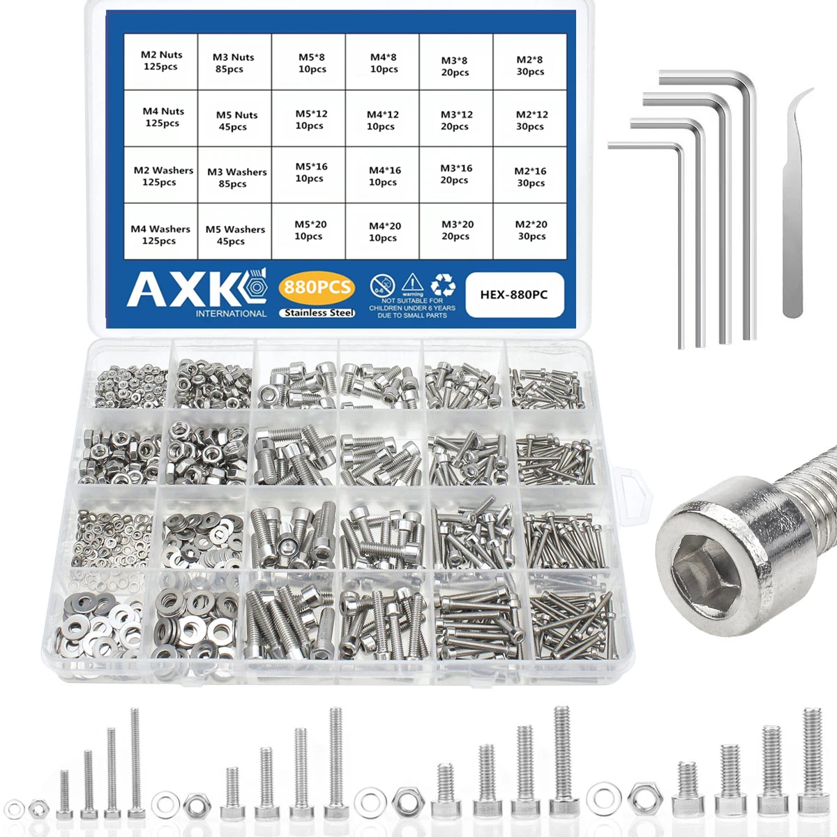 880Pcs Hexagon Hex Socket Head Cap Screw Set M2 M3 M4 M5 304 Stainless Steel Flat Button Cap Head ; Nuts  Washer Assortment Kit