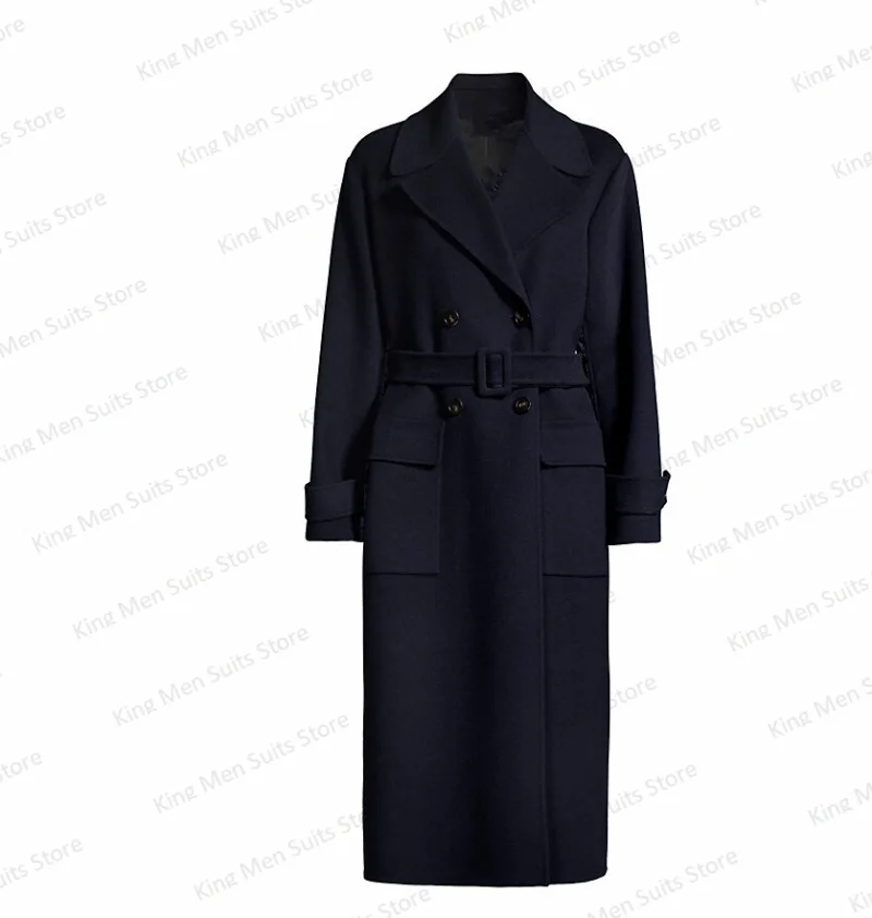 Marineblau Wolle Frauen Anzug langen Blazer Mantel mit Gürtel Winter dicke Kaschmir lange Jacke maßge schneiderte Zweireiher Mantel