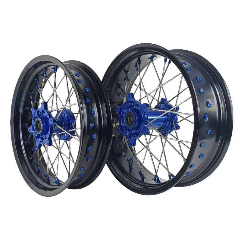 【2026 New Design】 Motorcycle 17 Inch Supermoto Alloy Wheels Rims Set Fit WR250X 2007-2022 Blue CNC Machined Hub Black