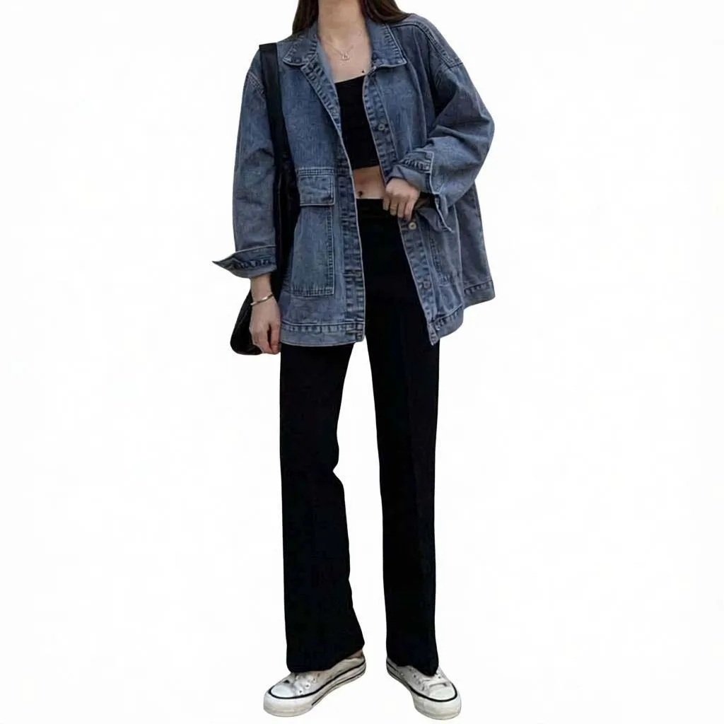 polyester-women\'s-washed-lapel-jacket-open-for-front-long-sleeve-loose-for-fit-solid-color-regular-length-for-beach-holiday
