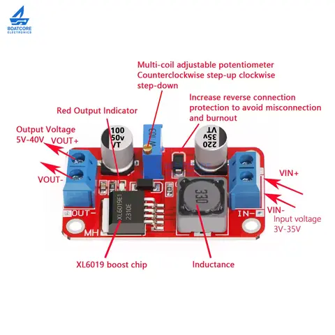 1PCS XL6019 DC-DC Step Up Power Module 3.3V-35V to 5V 6V 9V 12V 24V Boost Converter Adjustable Volt Regulator 5A for Arduino LED
