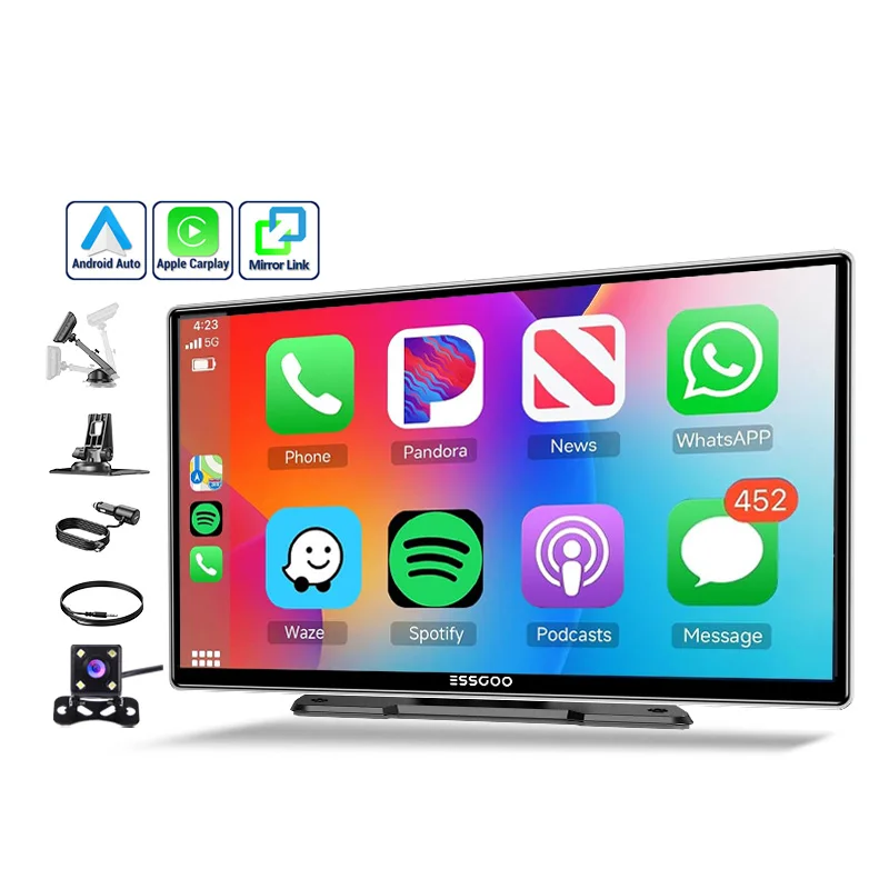 ESSGOO 9"4K Draagbare Carplay IPS Touchscreen Universele Autostereo Radio Trucks Android Auto Mirror Link AUX FM USB Bluetooth TF - afbeelding 2