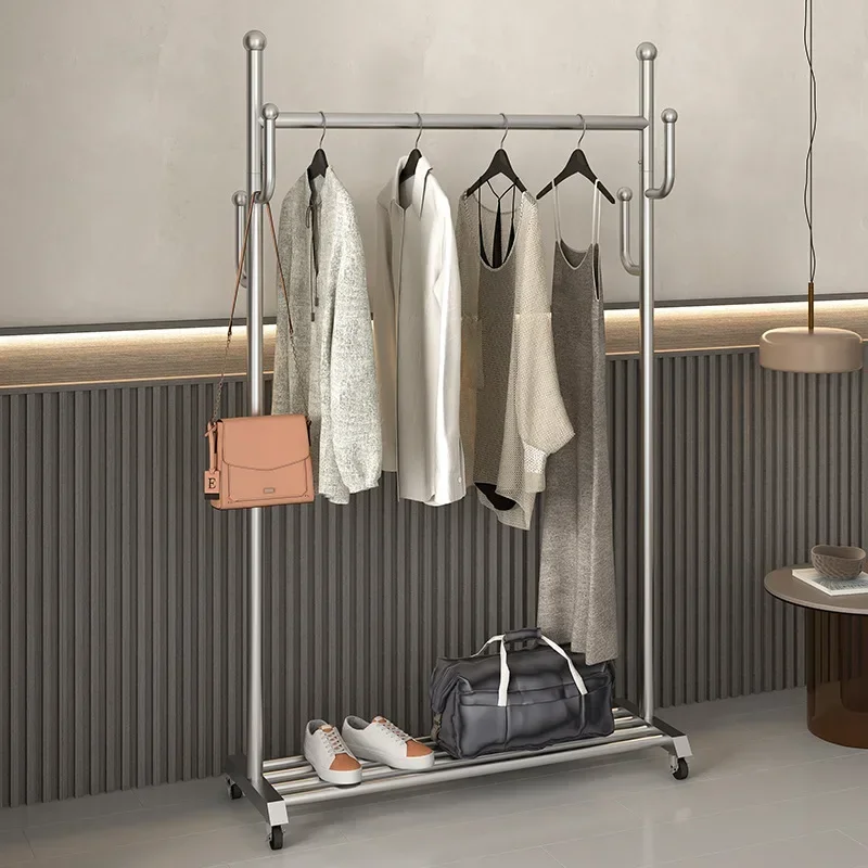 Factory New Coat Rack Stainless Steel Hanger Floor-to-ceiling Drying Clothes Rack Indoor Mobile With Wheels