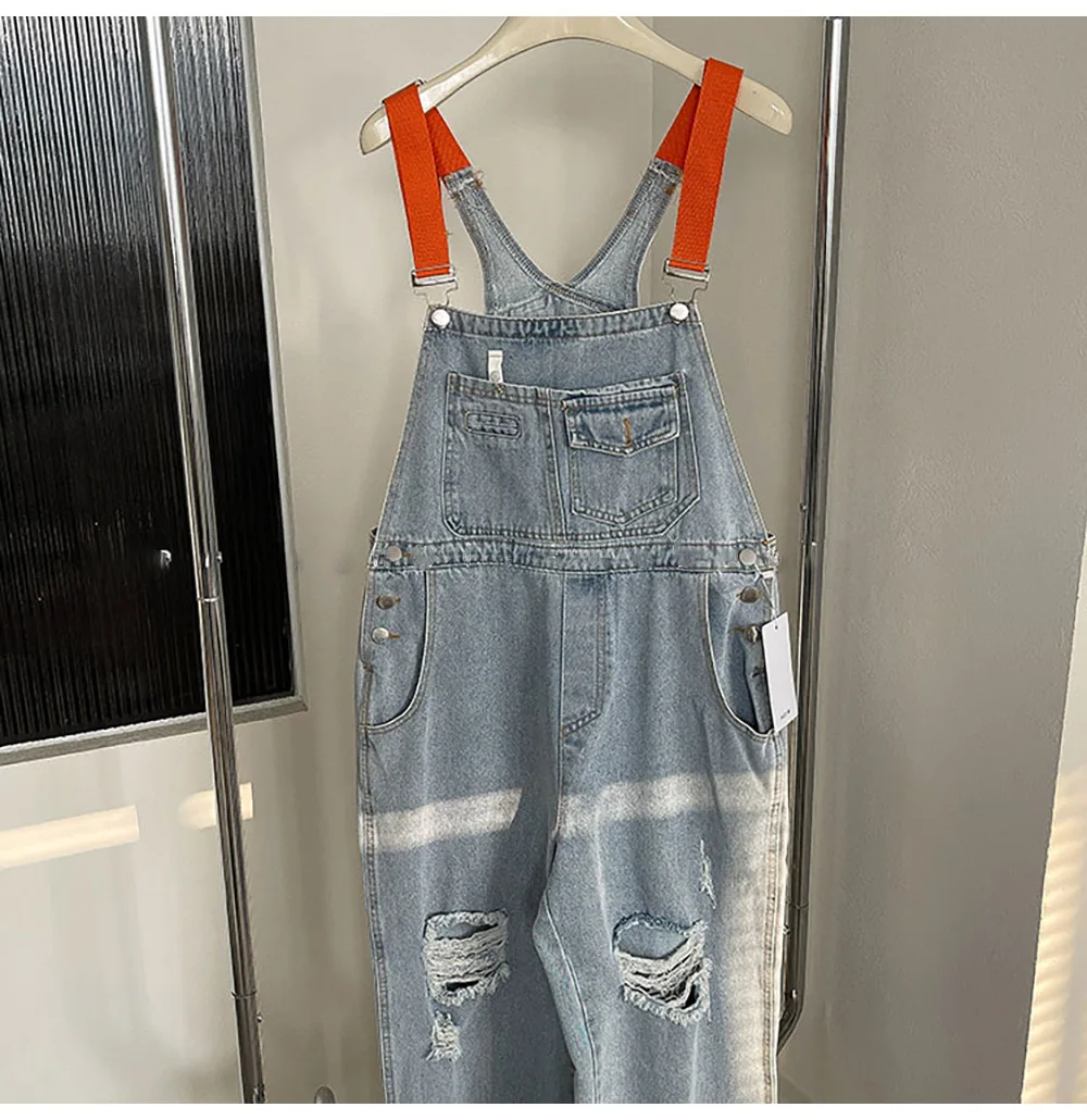 

Fashion Women Overalls Streetwear 2022 Casual Loose Female Strap Denim Pants Jumpsuit Trend Contrast Color Ripped Holes Jeans