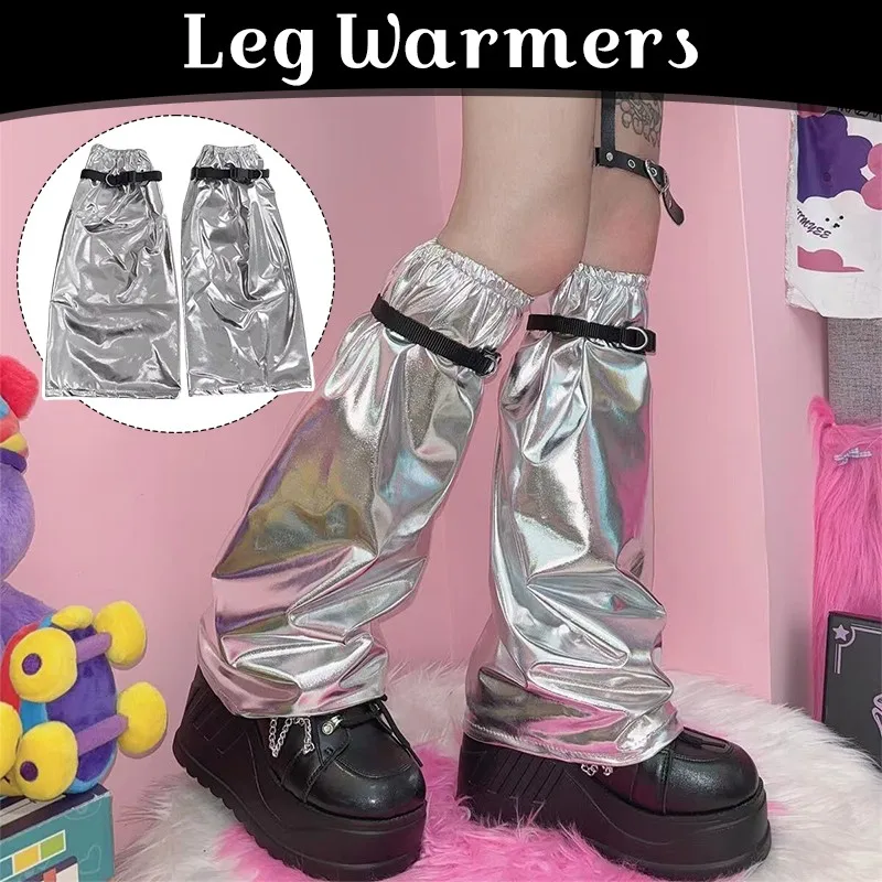 

Shiny Silver Leg Sleeves with Adjustable Straps Cyberpunk Leg Cover Socks Warmers Flared Knee High Socks Boot Cuffs Long Socks
