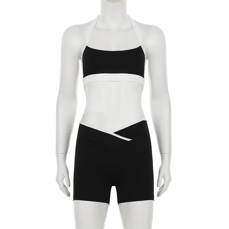 Color Patchwork Slim Skinny 2 Piece Set Women Tracksuits Sexy Lace Up Halter Backless Tank Crop Tops + Shorts Workout Yoga Suits