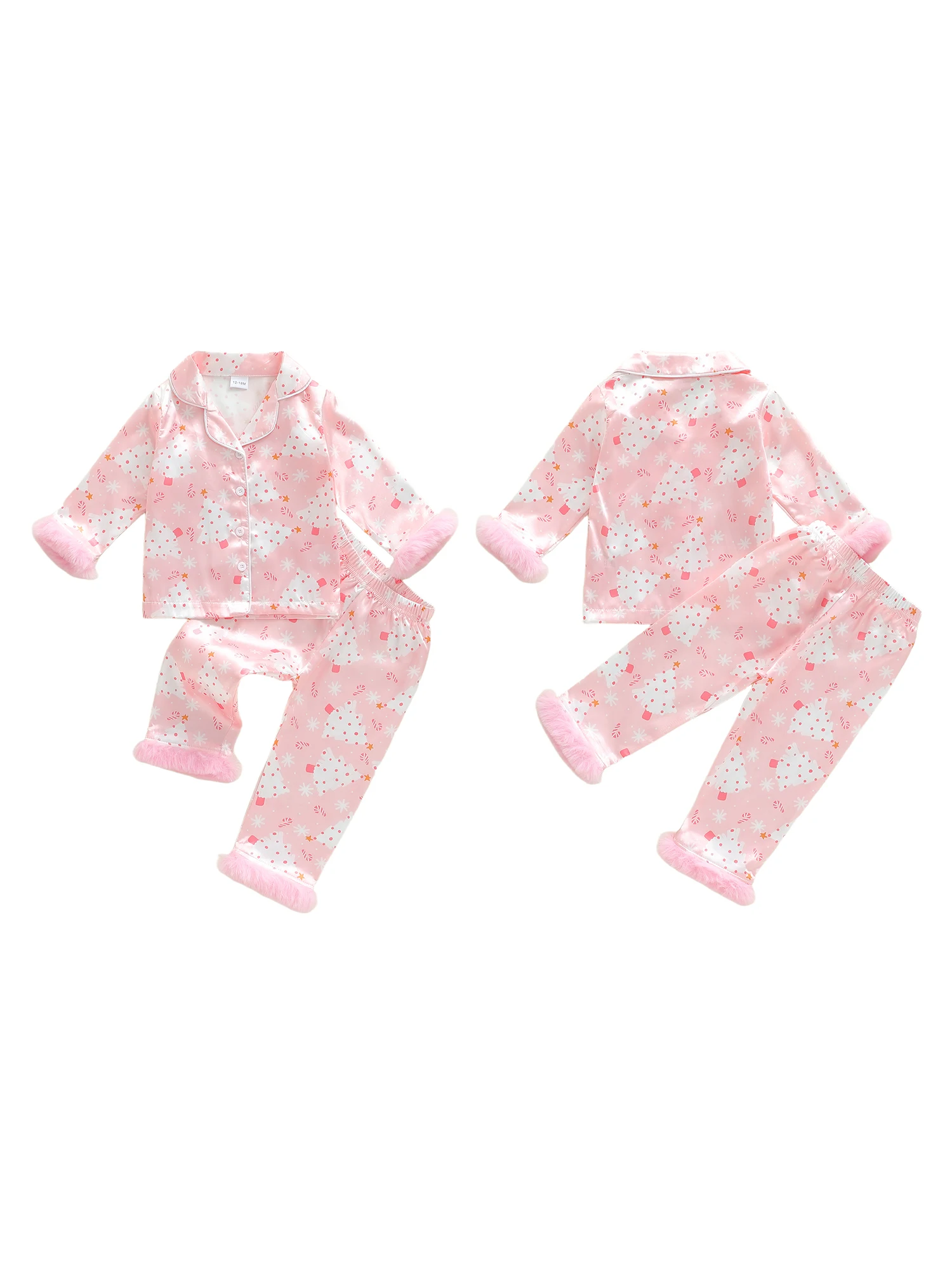 

Зимний пижамный комплект для маленьких девочек с милым принтом из искусственного меха, пуговицами, лацканами, V-образным вырезом, топами и брюками с длинными рукавами для