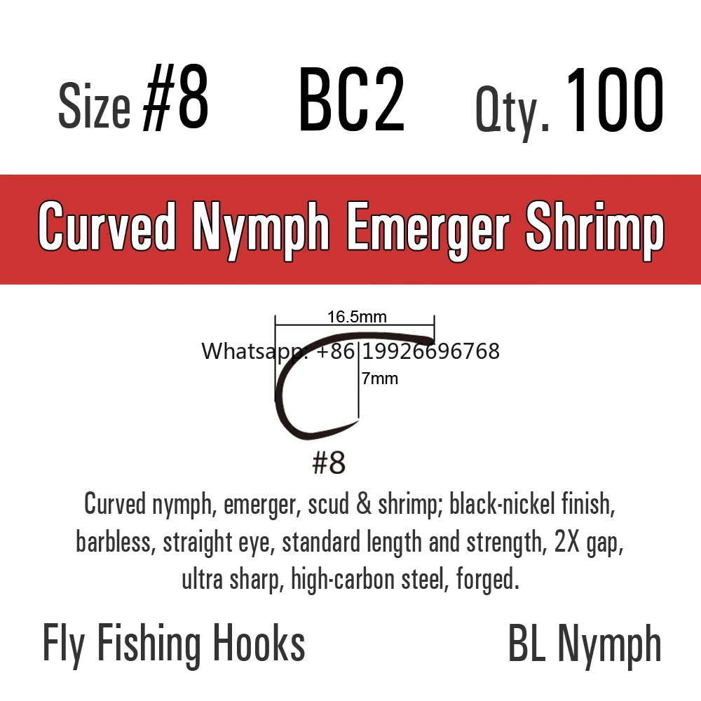 

100PCS Black-nickel Barbless Straight Eye Forged Curved Nymph Emerger Scud Shrimp Fly Tying Fishing Hook factory