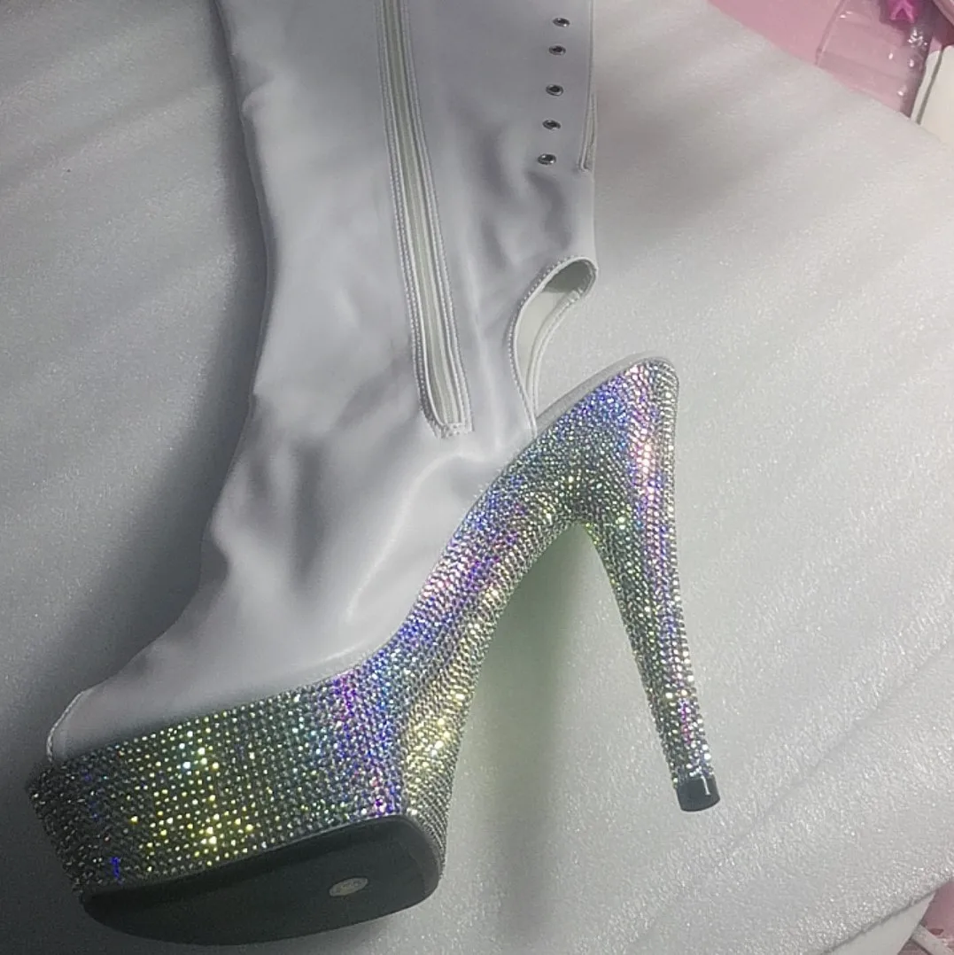 

New 15cm pink glitter shoes, 6in diamond-bottomed model stilettos, open-toed zipper ankle boots