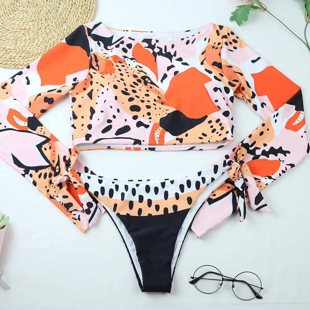 Women\'s Two Pieces Swimsuit Leopard Printing Bikini Long Sleeve Sun Protection Rash Guard Padded Swimwear Swimming Bathing Suits