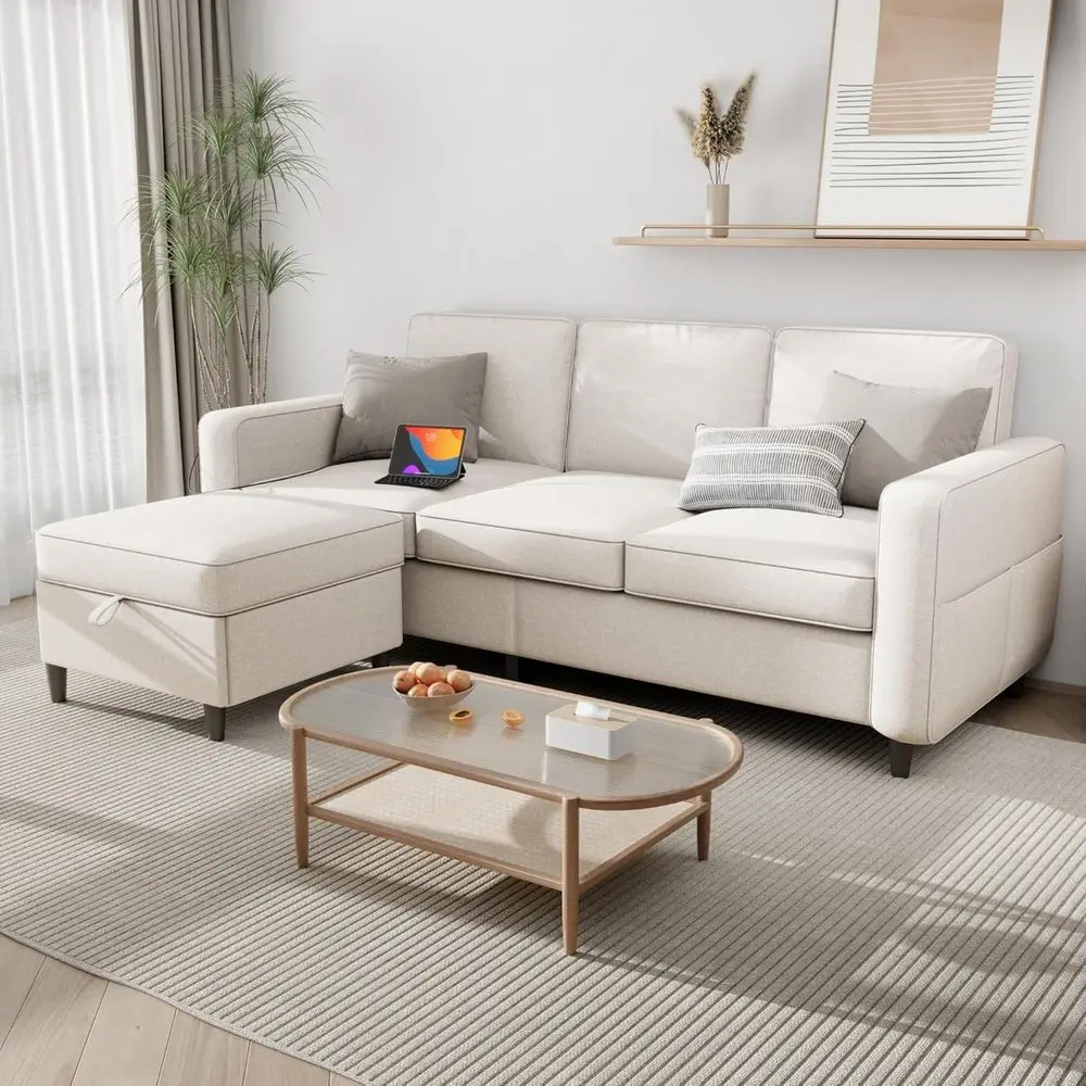 

Convertible Sofa with Storage and Reversible Chaise, 79 for Living Room, Bedroom, and Office - Beige, Washable Covers