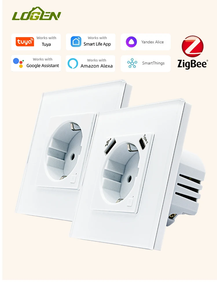 Logen Zigbee Wall Socket Smart Outlet Energy Monitoring Smart Plug Timer Function App Control Work With Tuya Alexa Type-C USB EU