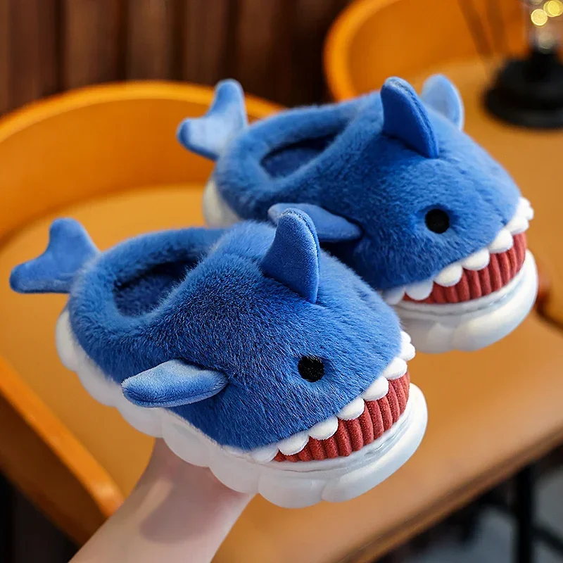 2024 New Winter Children\'s Fluffy Slippers Cute Shark Non-slip Flip Flops For Girls Boys Mule Warm Plush Home Kids Cotton Shoes