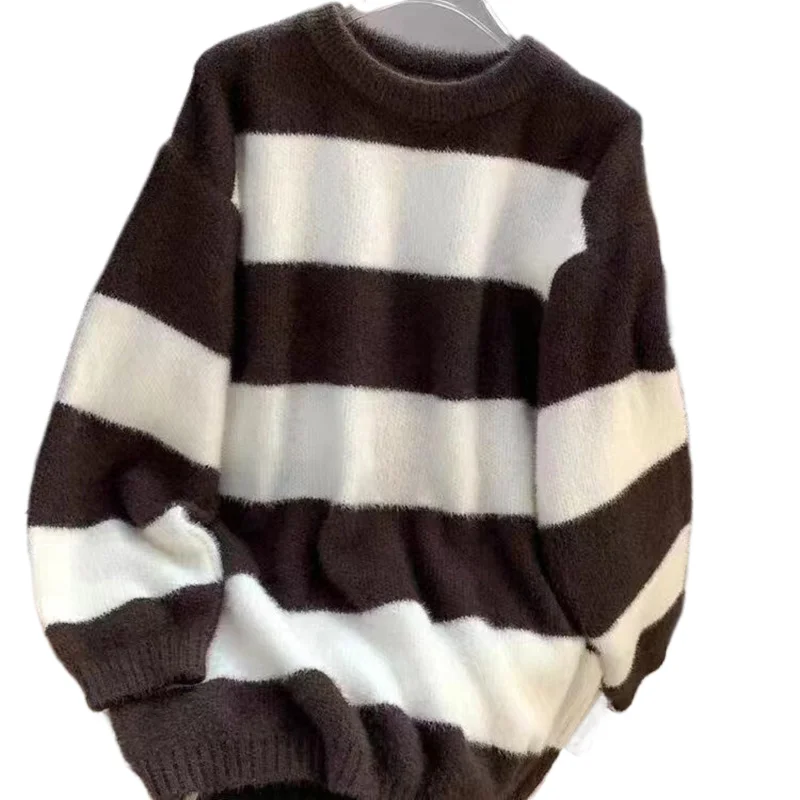 

Mink Fur Striped Sweater Women's Loose Round Neck Long Sleeved Pullover Korean Version Casual Mid Length Sweaters