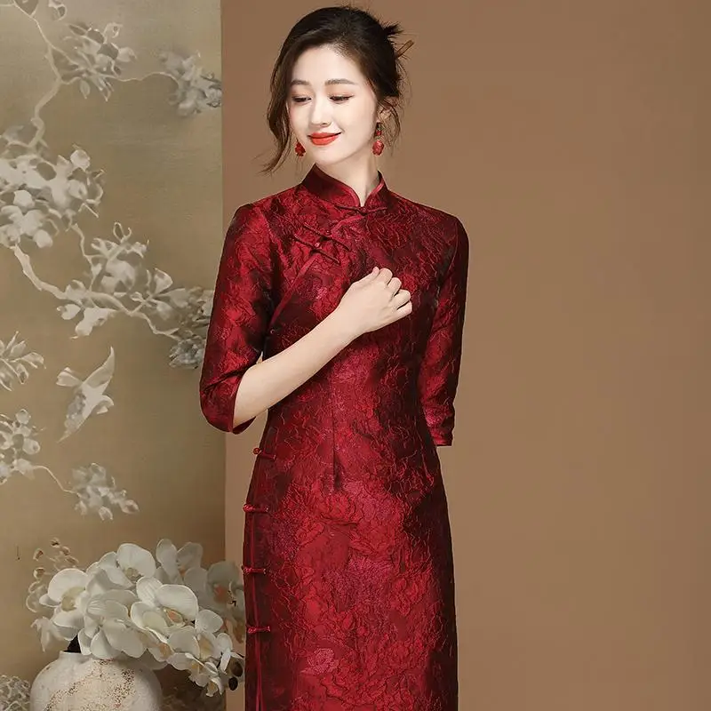 

Cheongsams Dress Women Chinese Style Burgundy color Formal Dress for Social