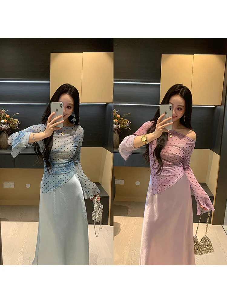 

XINYI Sea Breeze Spring Summer Dyed Print Silk Long Skirt Slimming Elegant Women's Set Casual Style Long Sleeve Polyester