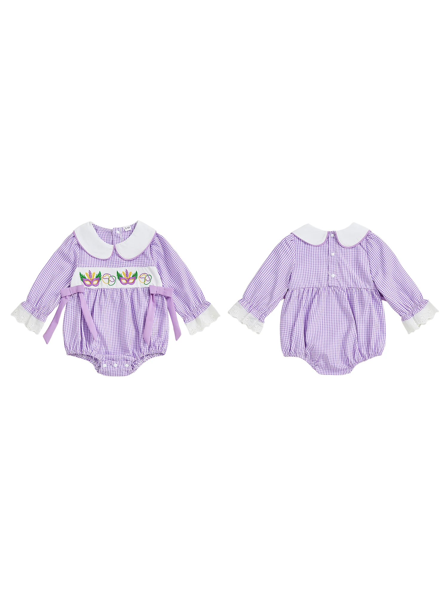 Детский карнавальный комбинезон с большими бантами и вышитыми деталями, воротником Питера Пэна в клетку и длинными рукавами для