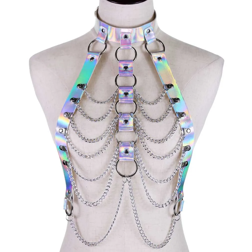 

EagleKu Holographic Leather Body Chain Harness Top Punk Women Holo Rainbow Waist Jewelry Festival Rave Outfit