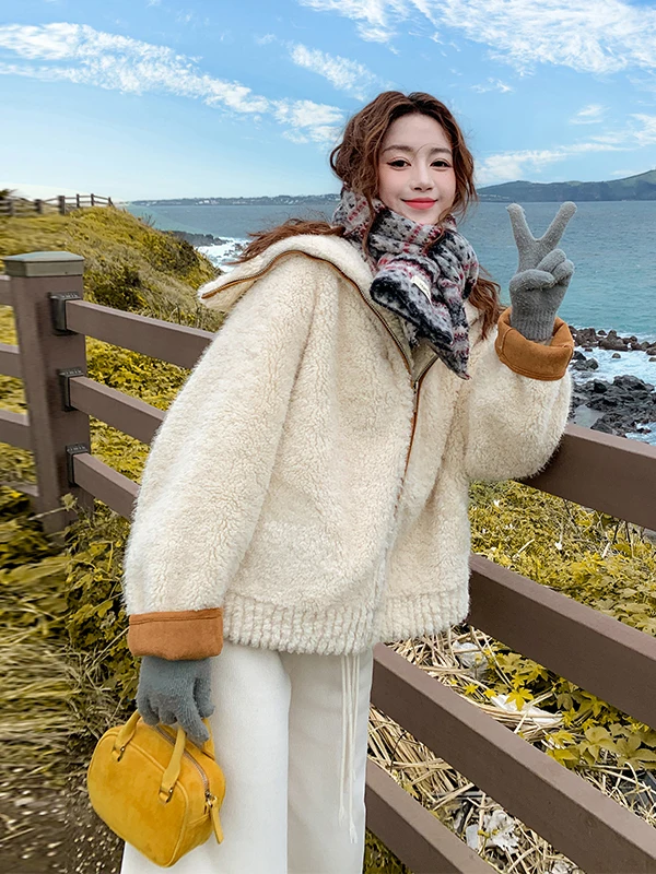 

Ladies ort Lamb Fur Jaet Warm Thiened Autumn Winter New Sle Small Size Women's Clothing Inteated Skin Fur Collar De...