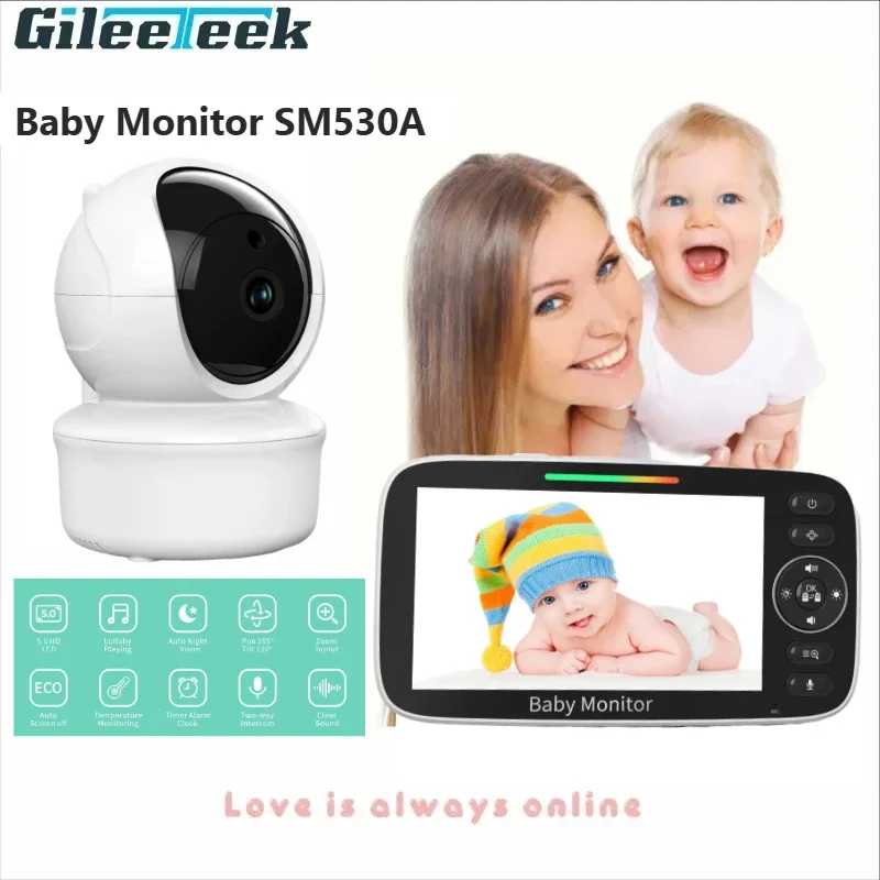 SM530A Baby Monitor Night vision Sound alert Room temperature sensor Lullabies 2-way audio Alarm clock 5 inch Video Baby Monitor