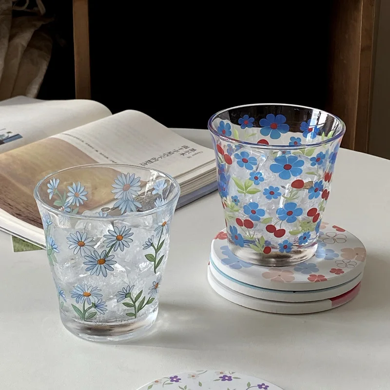 

1 Piece Transparent Glass Mug with Flower Printings Heat Resistant Coffee Juice Water Office Large Capacity Cup Drinkware Water