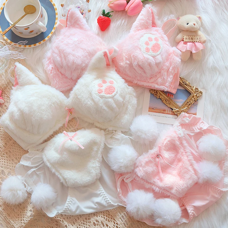 Winter Plush Underwear Japanese Lolita Girl Pink Cartoon Cat Embroidery Brassiere Gathered Bra and Panty Lingerie Set Bralette