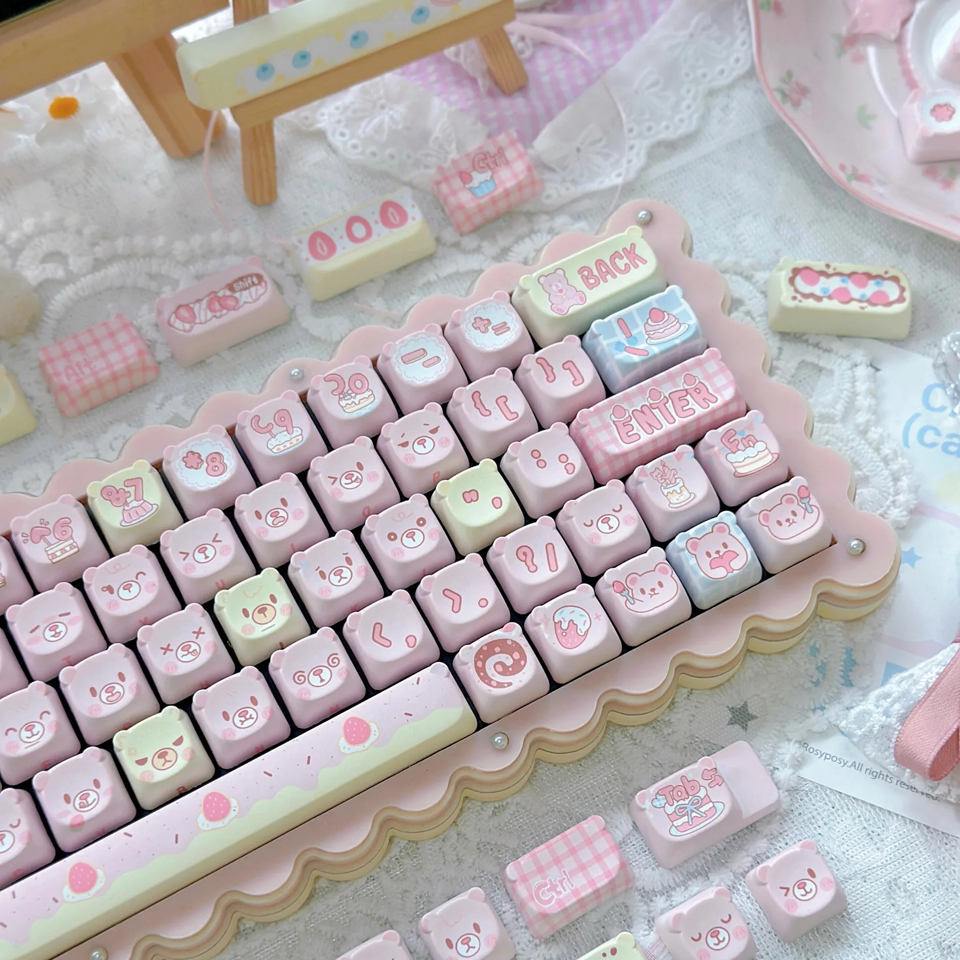 Cute Kawaii Bear EAO keycap Pink Purple Expression Pbt For Diy Mechanical Keyboard Side Engraved Cute Cat Keycap Iso/Ansi Layout