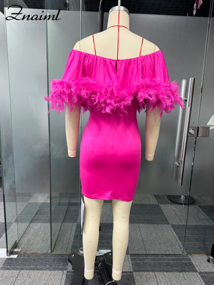 Znaiml Women Sexy Off Shoulder Feather Pink Mini Bodycon Dress Elegant Birthday Evening Night Club Party Prom Female Vestidos — zdjęcie 7