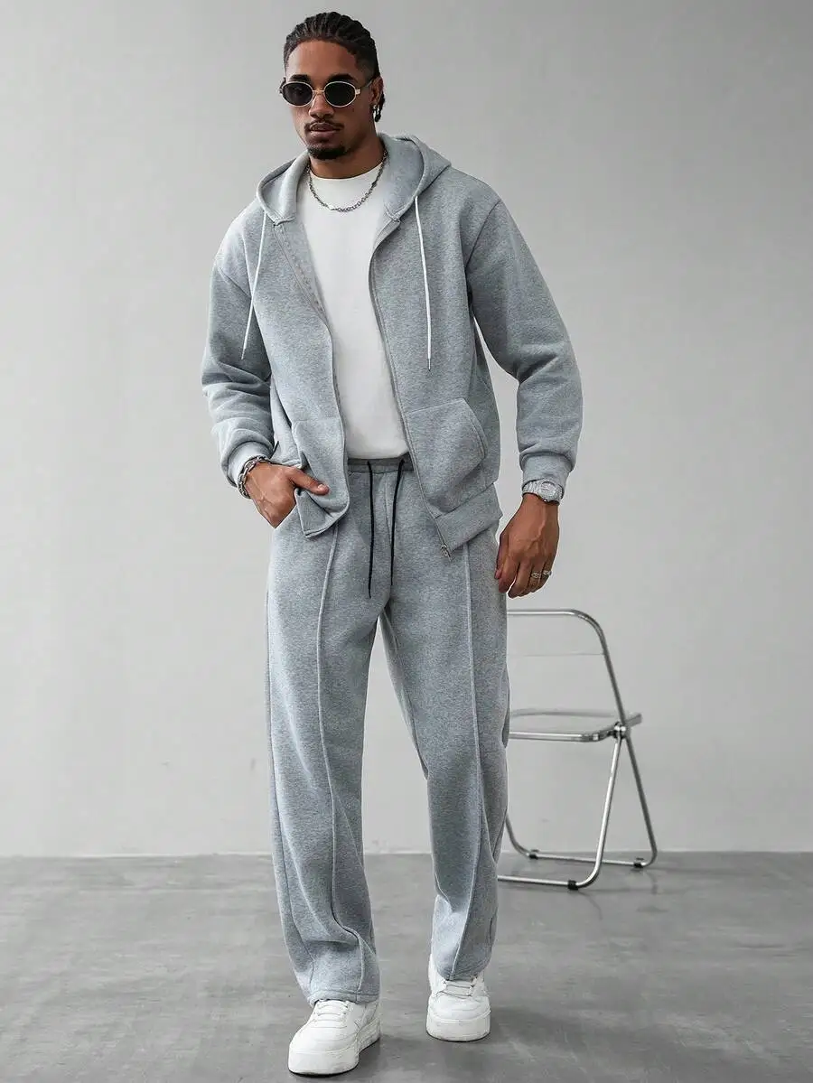 

Mens Gray Zipper Front Hoodie And Sweatpants Casual Tracksuit Set
