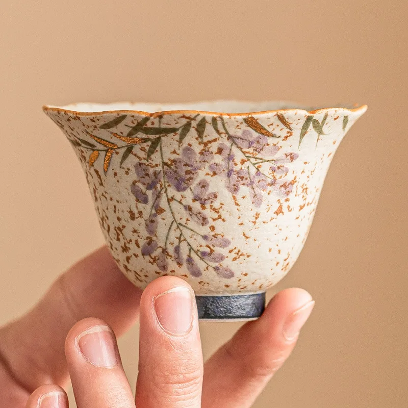 Flint Blue White Gold Wisteria Bell Tea Cup Scalloped Rim Heat Resistant Large Household Kung Fu Tea Tasting Ceramic Drinkware
