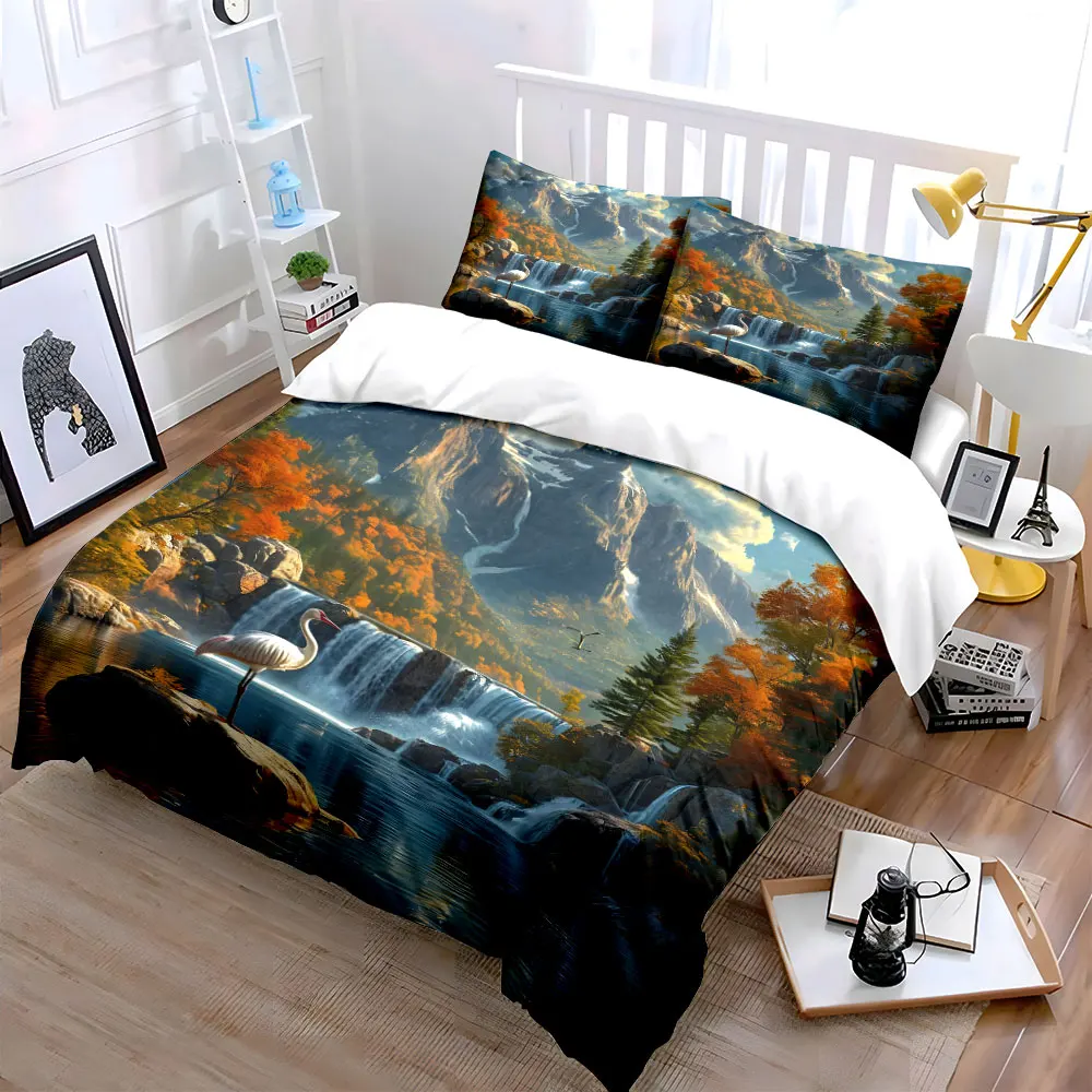Autumn Mountain Waterfall Red-crowned Crane Duvet Cover Set,Realistic Landscape Bedding Includes 1 Duvet Cover 2 Pillowcase