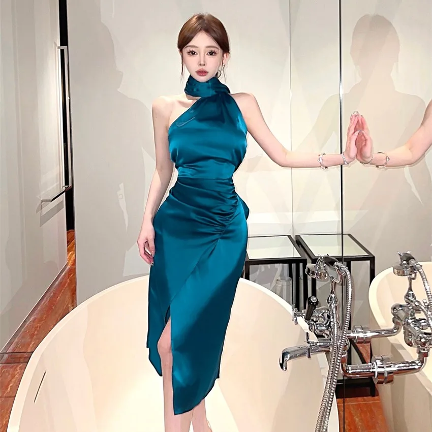 エレ 秋冬 韓国風 スリムフィット シングルショルダー ドレープ レディース ミディアム丈 アシンメトリーヘムライン オープン スリット ドレープ