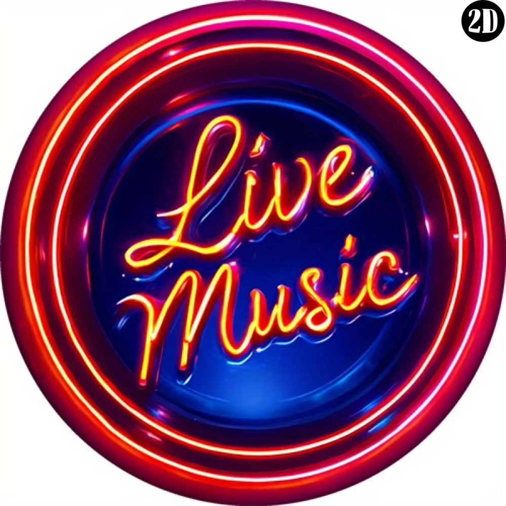 Round Metal Tin Sign Red Border Live Music Fake Neon Wall Decor, Non LED 2D Flat Metal Plaque For Bar KTV Pub