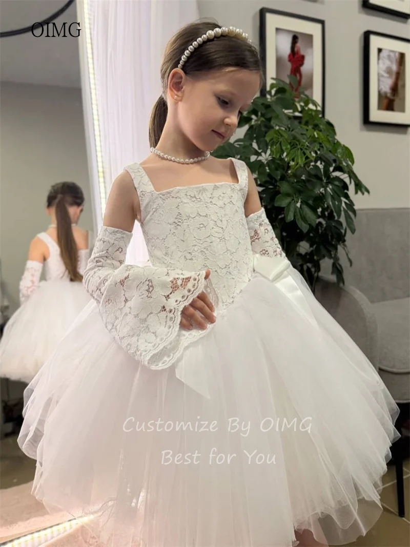 

OIMG Ivory Lace Wide Strap A Line Flower Girl Dresses Tulle Bow Flared Sleeves Wedding Gown Knee Length Party Dress Customized