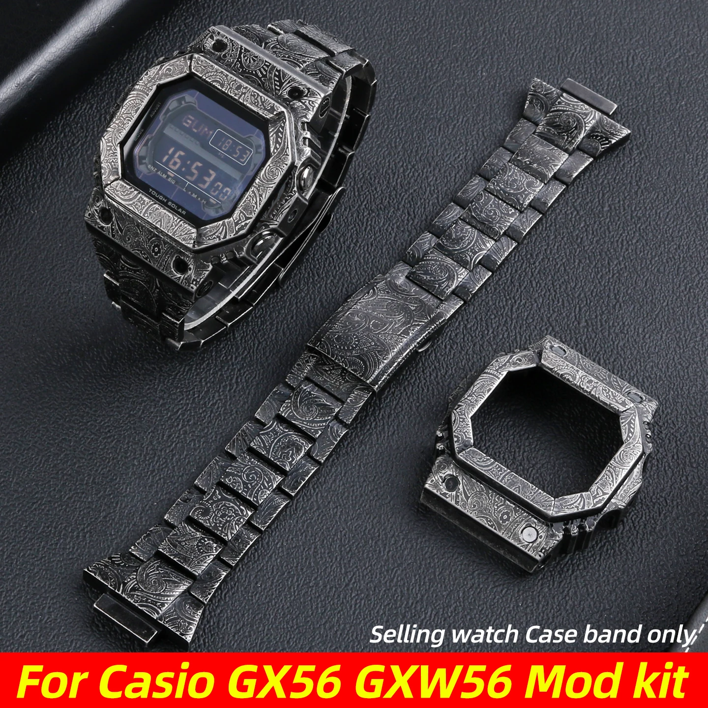 GX56 Retro Paisley carved Mod kit For Casio GX-56 GXW-56 Modified Stainless Steel case+strap set Men's metal watch accessories