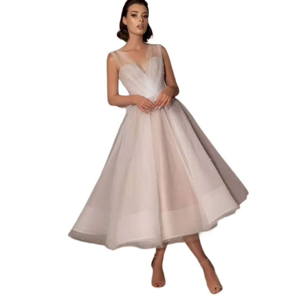 

Elegant Customized Prom Dresses Tulle Beading Tank Evening Dress A Line V Neck Party Gowns Mid-calf Length Vestidos