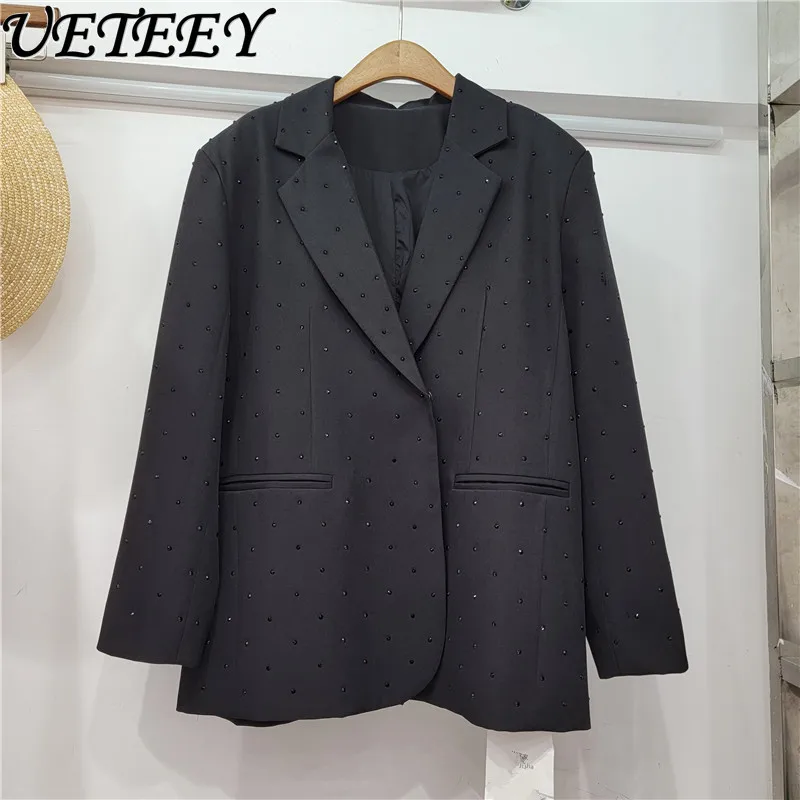 

Loose Rhinestone Small Suit Jacket Coat Women Split Heavy Industry Spring and Autumn Mid-Length Loose Casual Black Blazer Jacket
