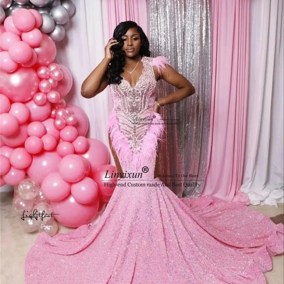 تسلق المخملية الترتر بلورات حورية البحر فساتين لحضور الحفلات الموسيقية مخصصة الفتيات السود مساء ثوب الحفلات Aso Ebi الريش رداء دي سواريه