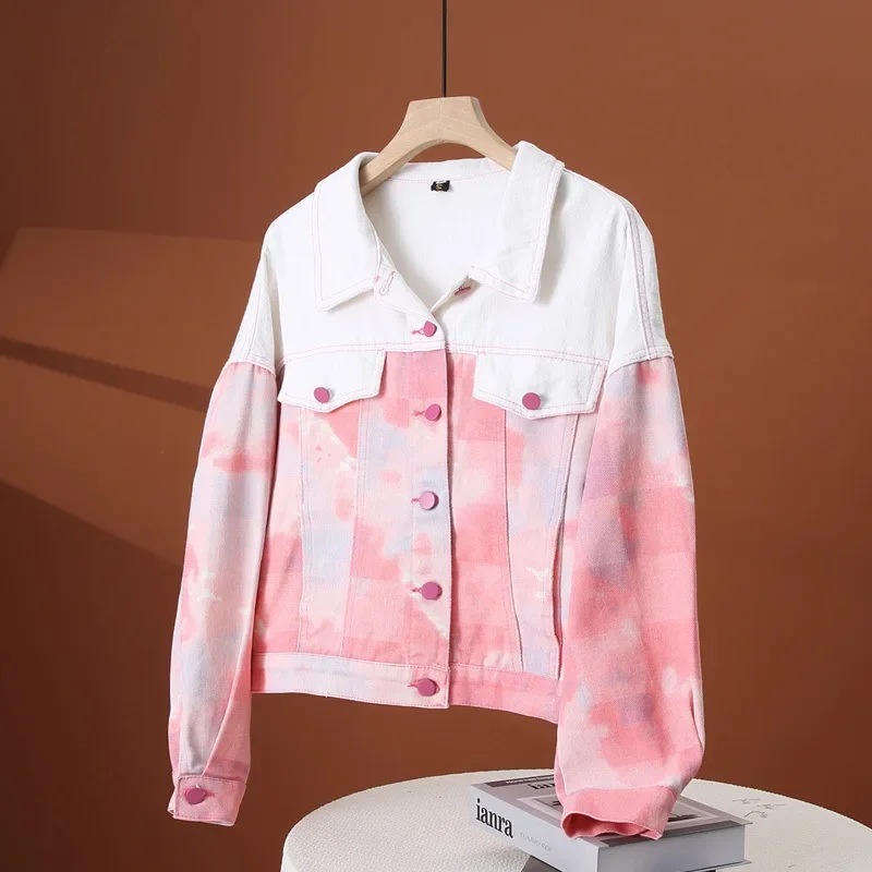 

Short Printed Denim Jacket Women's Spring Autumn Casual Loose Color Block Versatile Jacket Cotton Material Full Sleeve