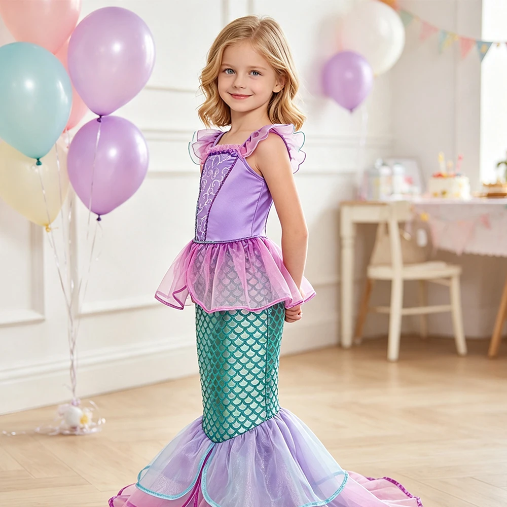 Meerjungfrauen-Sommerkleid Prinzessinnen-Kostüm mit Krone, Halskette und Zubehör-Set für Mädchen, Kinder, Karneval, Geburtstagsfeier, Abschlussball, Bühne – Detail 12