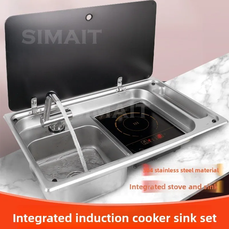 RV Stainless Steel Sink & Induction Cooker Combo Unit, Tempered Glass Lid Hot Cold Folding Faucet