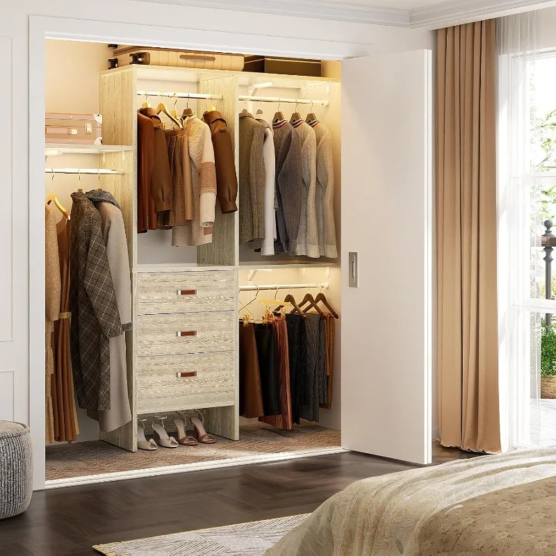 5FT Small Closet System with 3 Fabric Drawers, 60'' Walk In Closet Organizer System With 3 Adjustable Shelves,