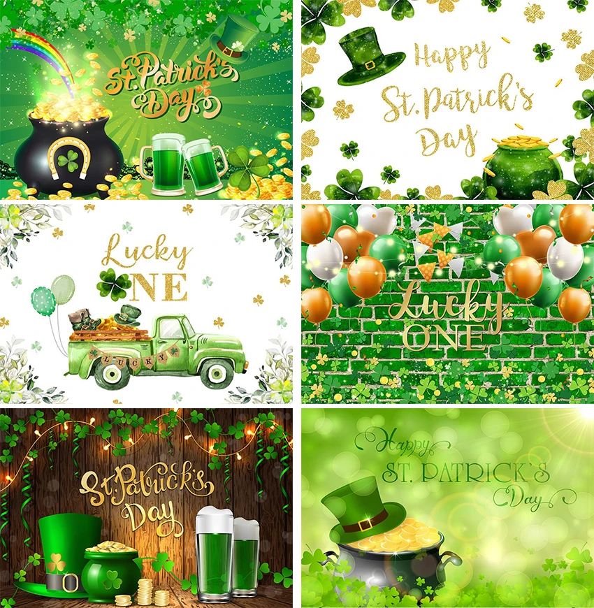 

Happy St Patrick's Day Photo Backdrops Shamrock Green Hat Beer Balloons Clover Lucky Birthday Party Celebration Backgrounds