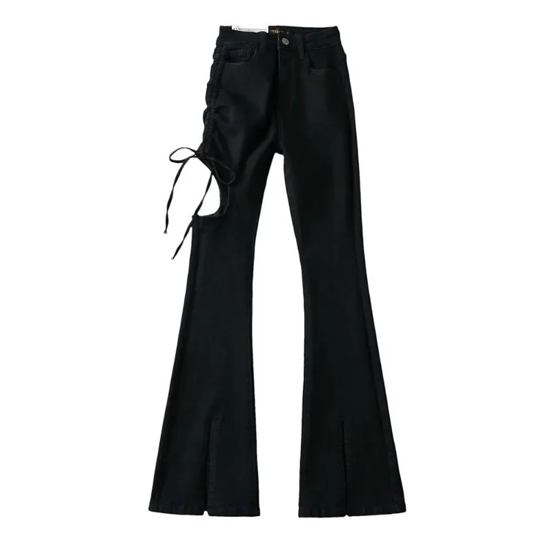 C5529 New Summer Slacks Sexy Thigh-ripped Lace-up Women\'s Jeans Lady Flared Trousers Denim Pants