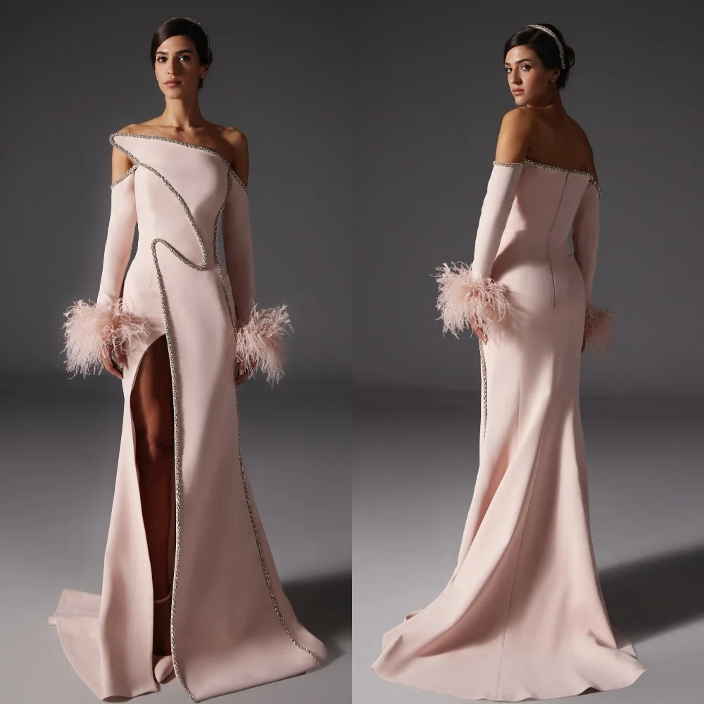 Jersey Sequined Feather Ruched Clubbing A-line Off-the-shoulder Bespoke Occasion Gown Long Dresses