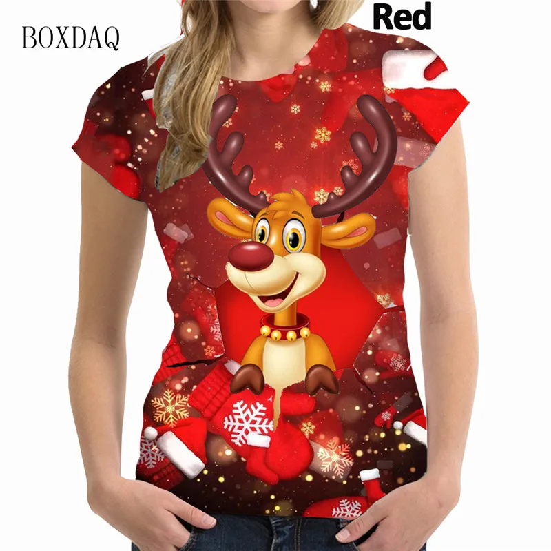 Short Sleeve Christmas Deer Pattern Women T-shirts 3d Print Cartoon Street Hip Hop Ladies Tees Merry Christmas Style Female Tops