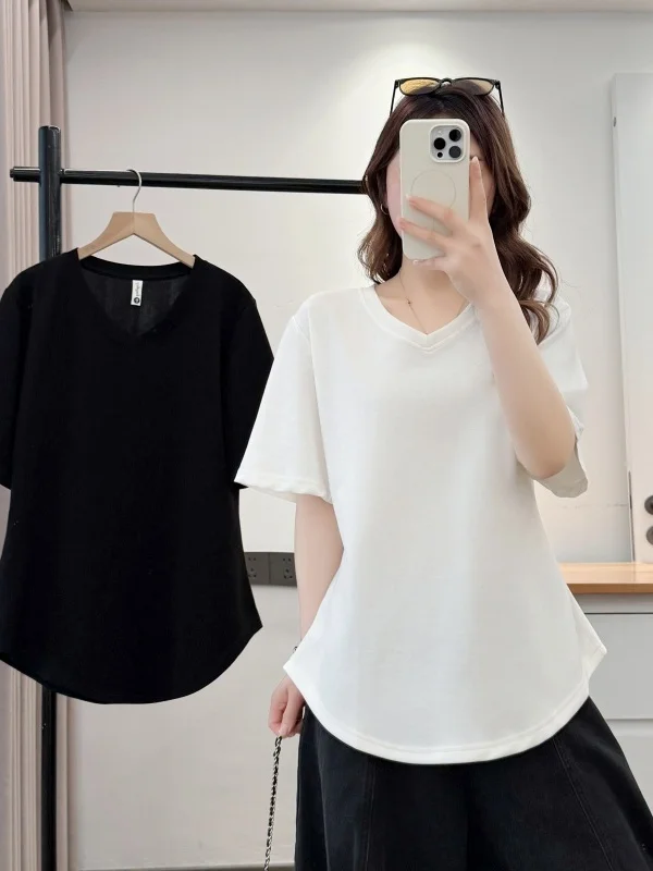 Summer Loose Fit V-Neck Short Sleeve T-Shirt Women's plus Size Casual Comfortable High Waist Design Versatile Meat Concealing...