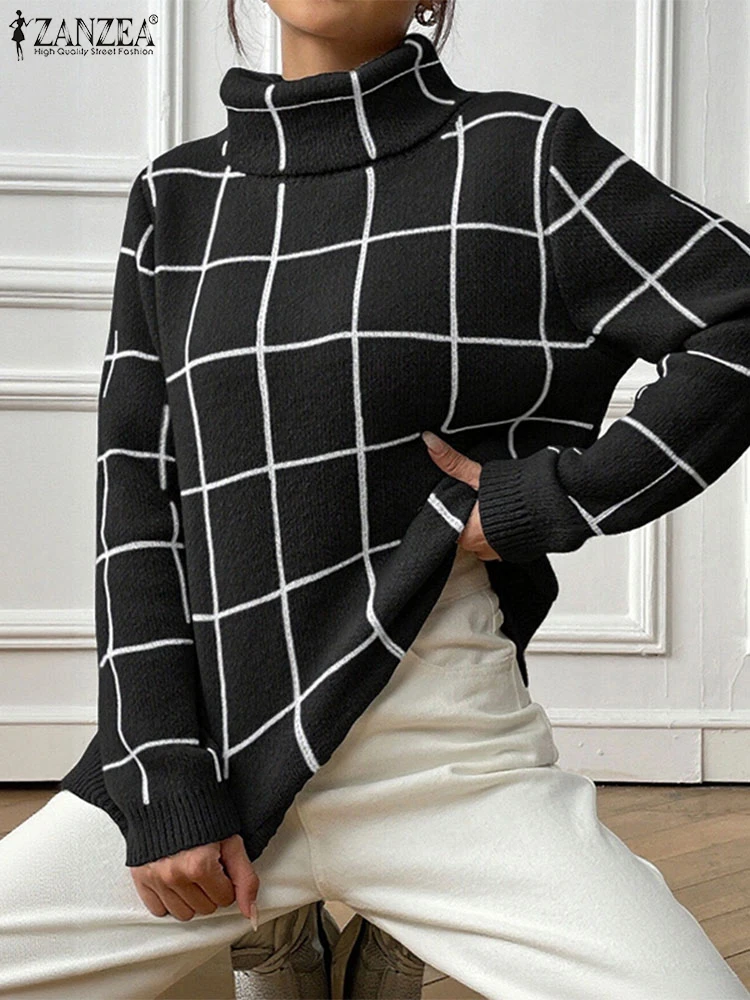 

Модные зимние пуловеры, свитер ZANZEA, женский стильный вязаный свитер с цветными блоками, водолазка, джемперы с длинными рукавами, уличные